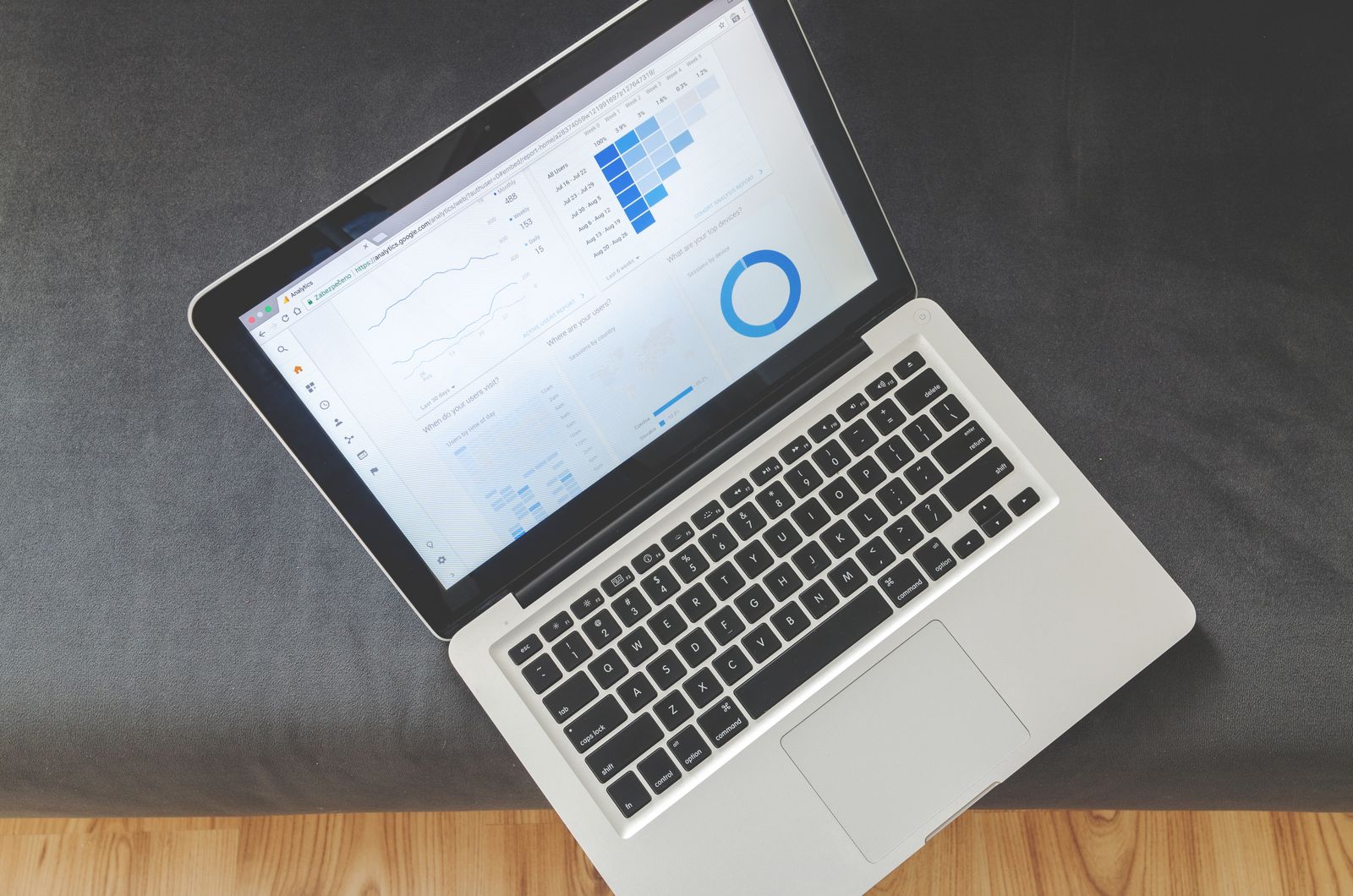 Overhead view of a laptop showing data visualisations and charts