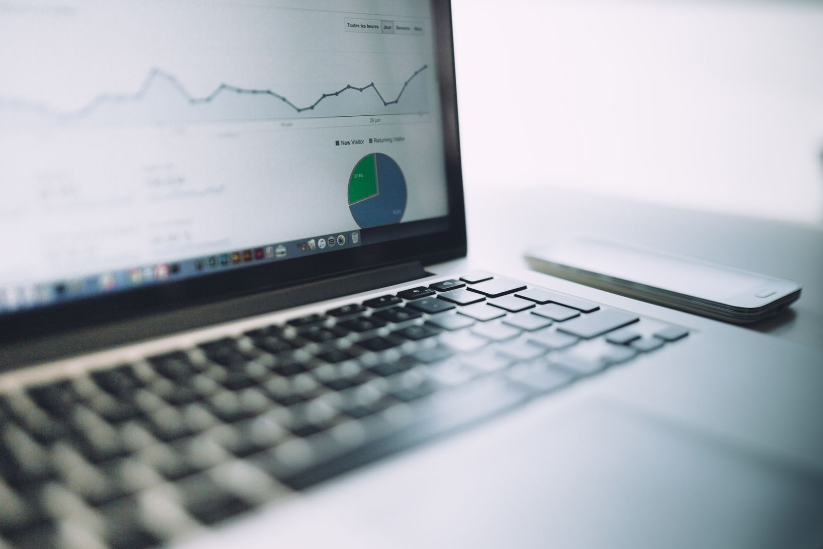 Laptop displaying an analytics dashboard with charts and graphs